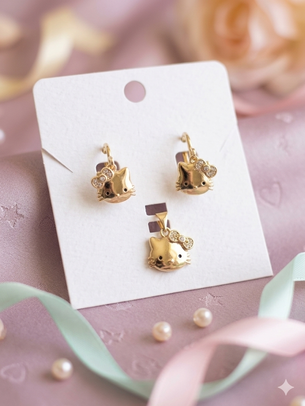 Gold Kitty Face Kids Earring and Pendant Set - Cute Bow Accent